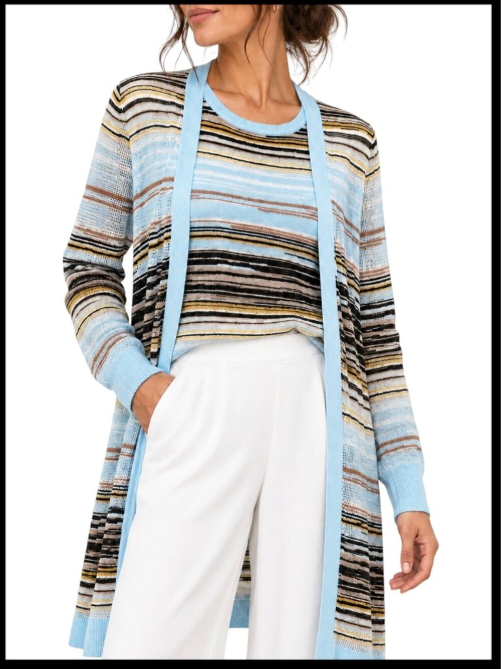 White House Black Market Cardigan Cami Set Light Blue Striped Pointelle M L